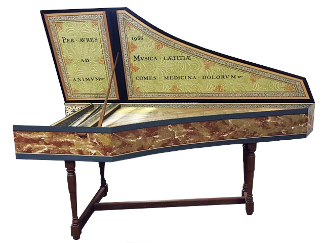 Side view of Double Manual Flemish Harpsichord  by Robert Hicks 1988/2017