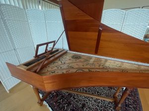 view from bentside of double manual harpsichord